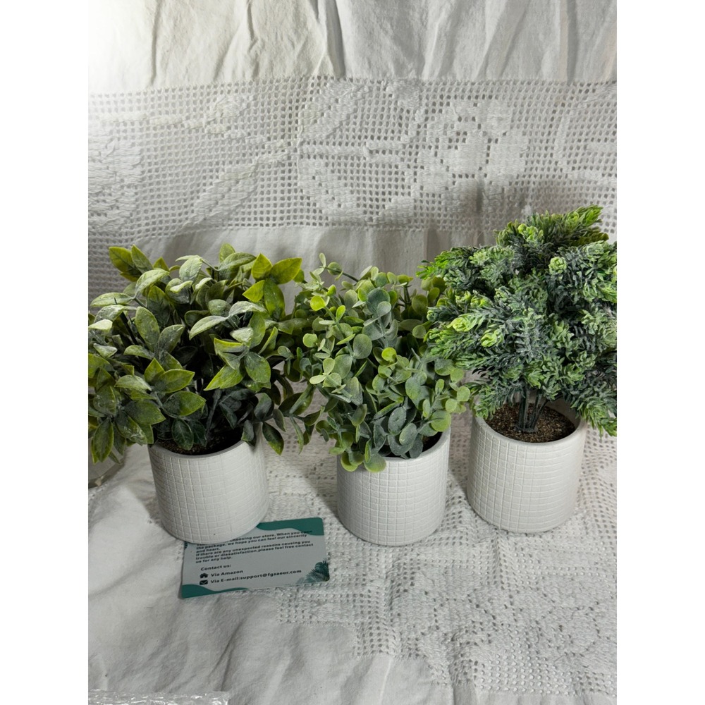 Set of 3 Artificial Potted Plants Faux Greenery in Gray Textured Ceramic Pots - Picture 2 of 2